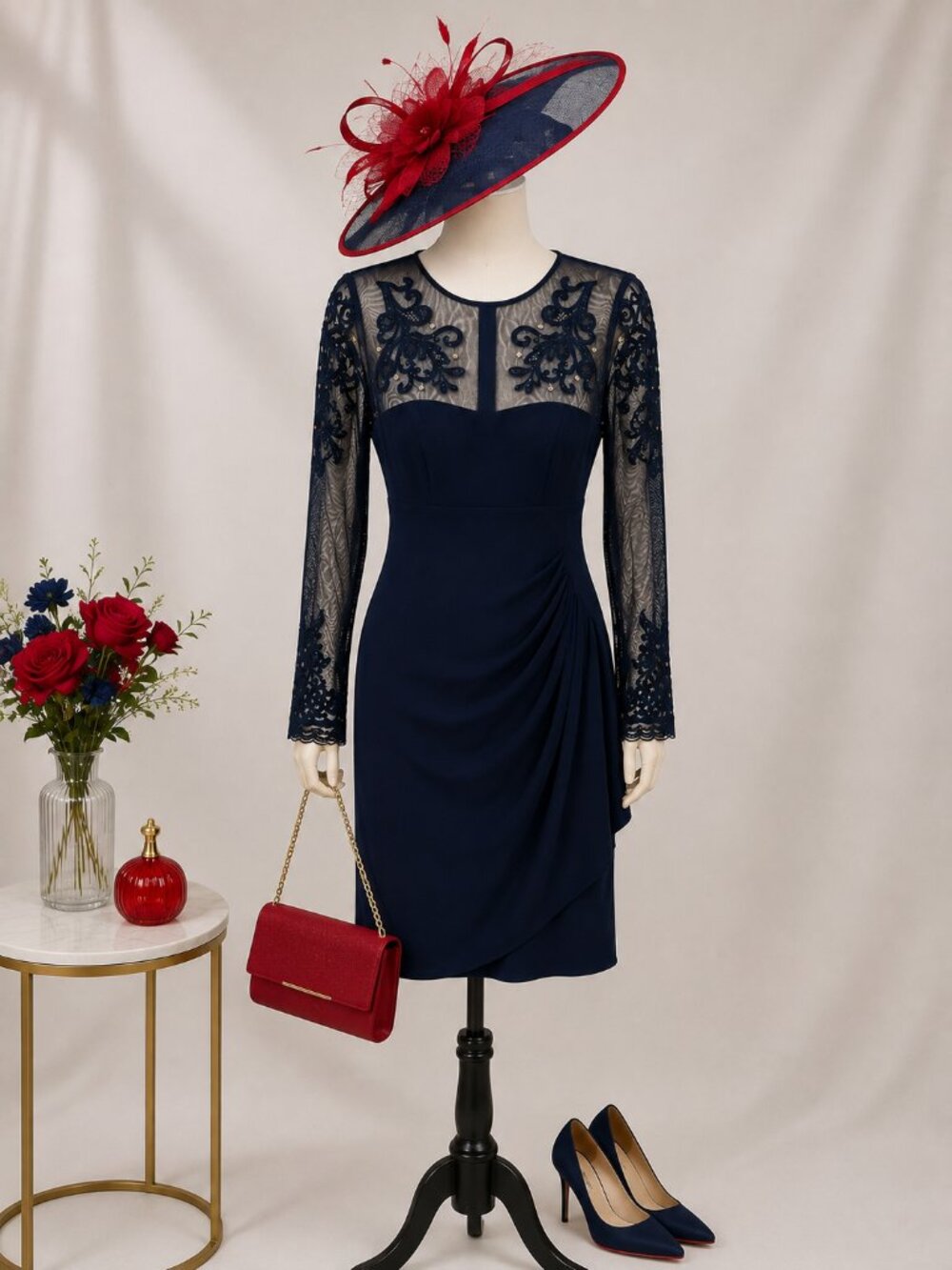 Xscape Size 6 Navy Blue Embroidered Mesh Cocktail Dress